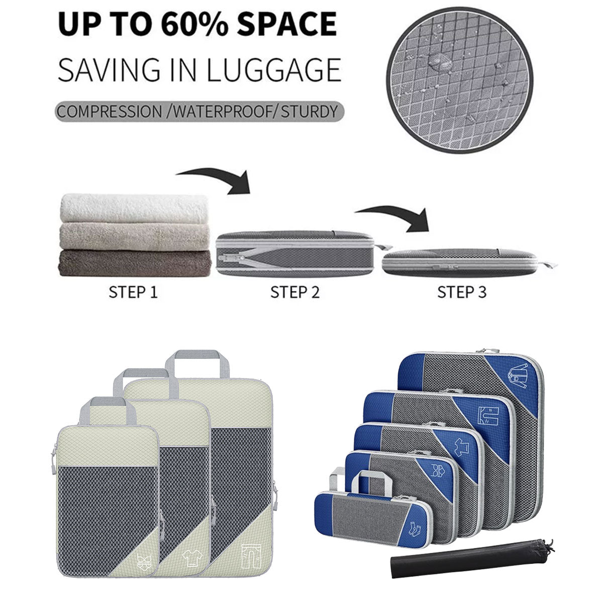 6PCS Compression Packing Cubes Expandable Luggage Storage Bag Travel Packing Bag - White