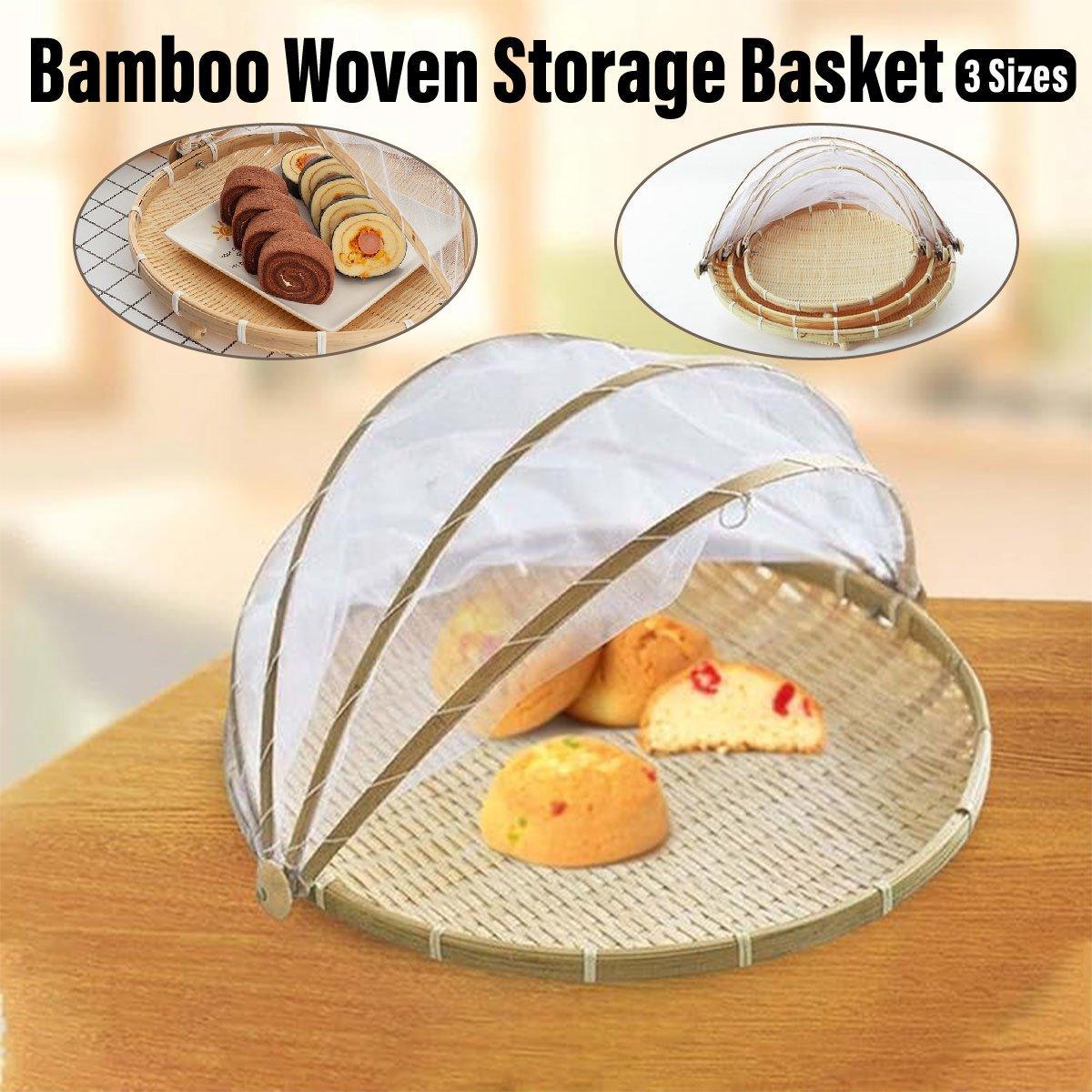 Bamboo Storage Basket with Mesh Cover for Fruit Vegetables Food Buns Kitchen - 42CM