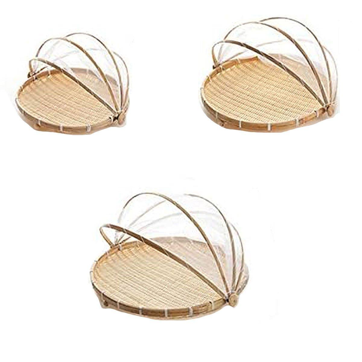Bamboo Storage Basket with Mesh Cover for Fruit Vegetables Food Buns Kitchen - 42CM