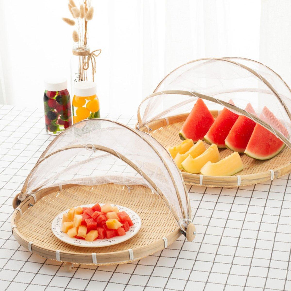 Bamboo Storage Basket with Mesh Cover for Fruit Vegetables Food Buns Kitchen - 42CM