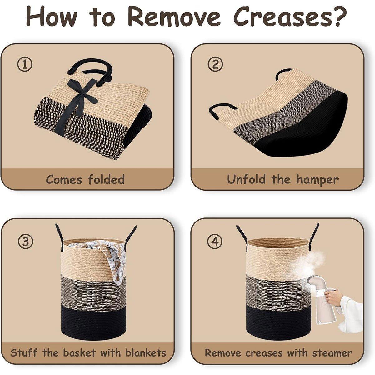 Woven Cotton Rope Storage Basket Foldable Laundry Bin Bamboo Clothes Organizer - Khaki Black