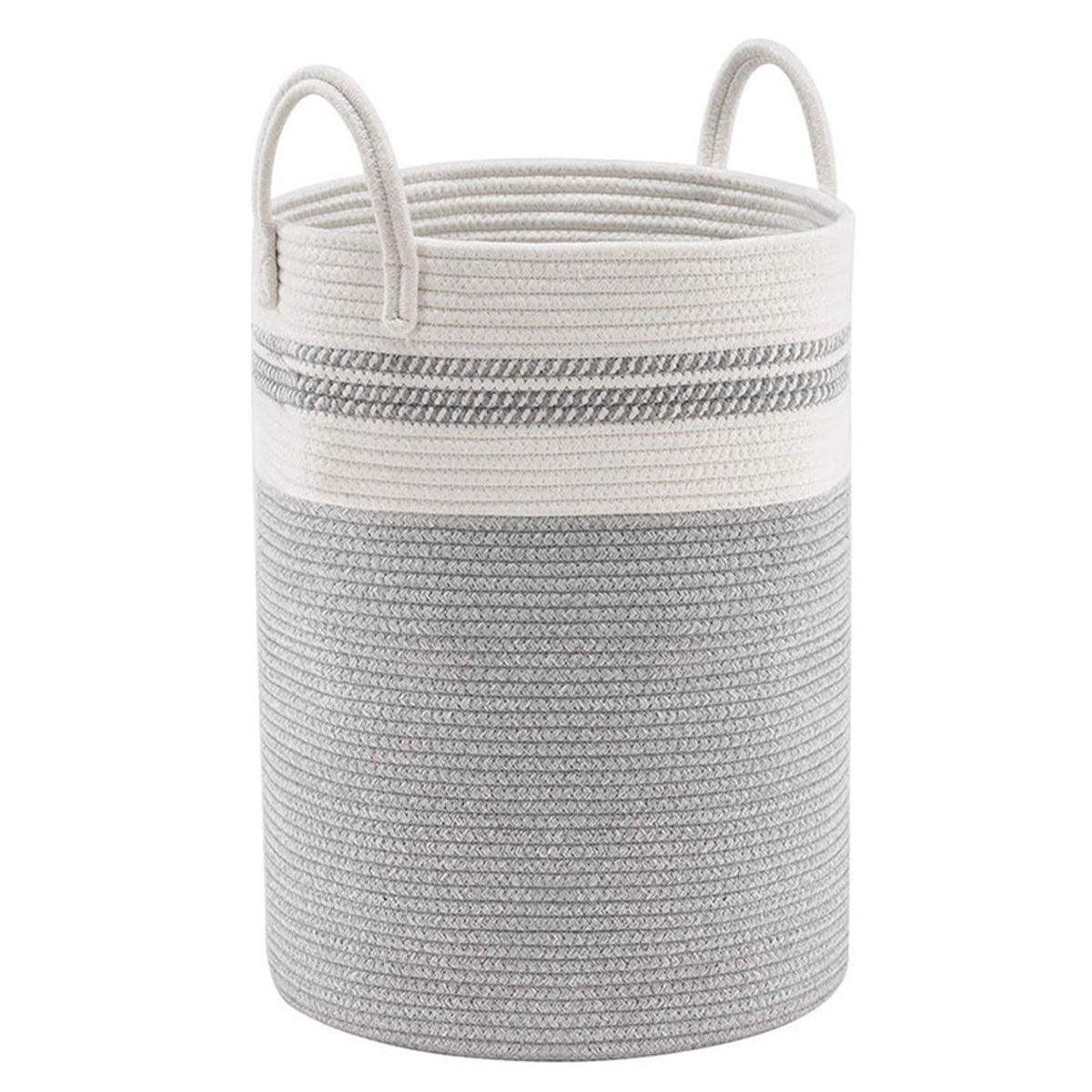 Woven Cotton Rope Storage Basket Foldable Laundry Bin Bamboo Clothes Organizer - Khaki Black