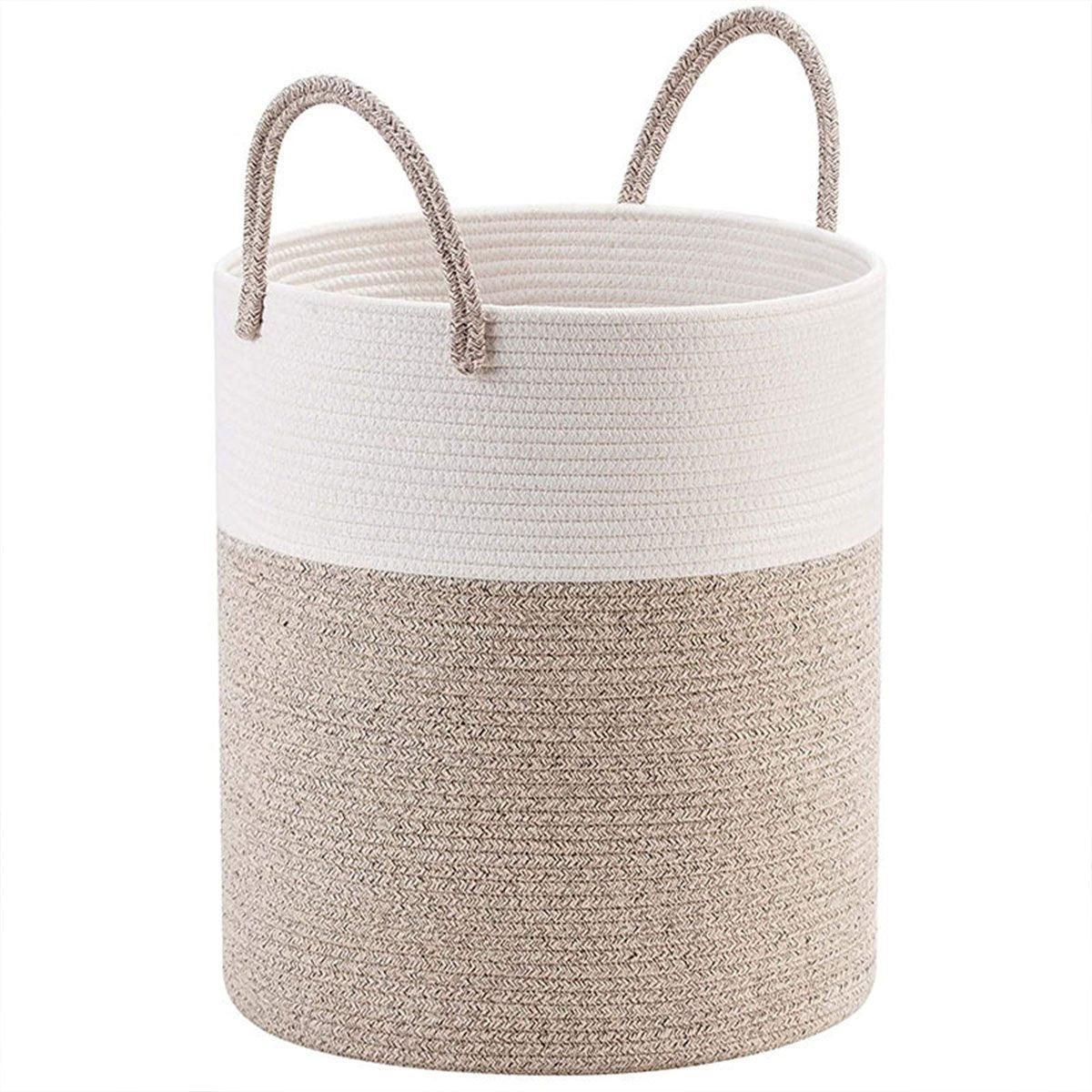 Woven Cotton Rope Storage Basket Foldable Laundry Bin Bamboo Clothes Organizer - Khaki Black
