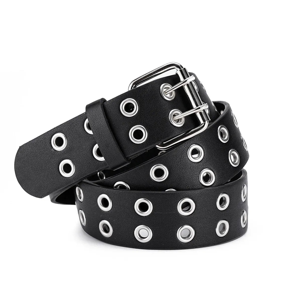 Double Grommet Holes Lether Belt 2-Row Studded For Women Men Punk Belts Use