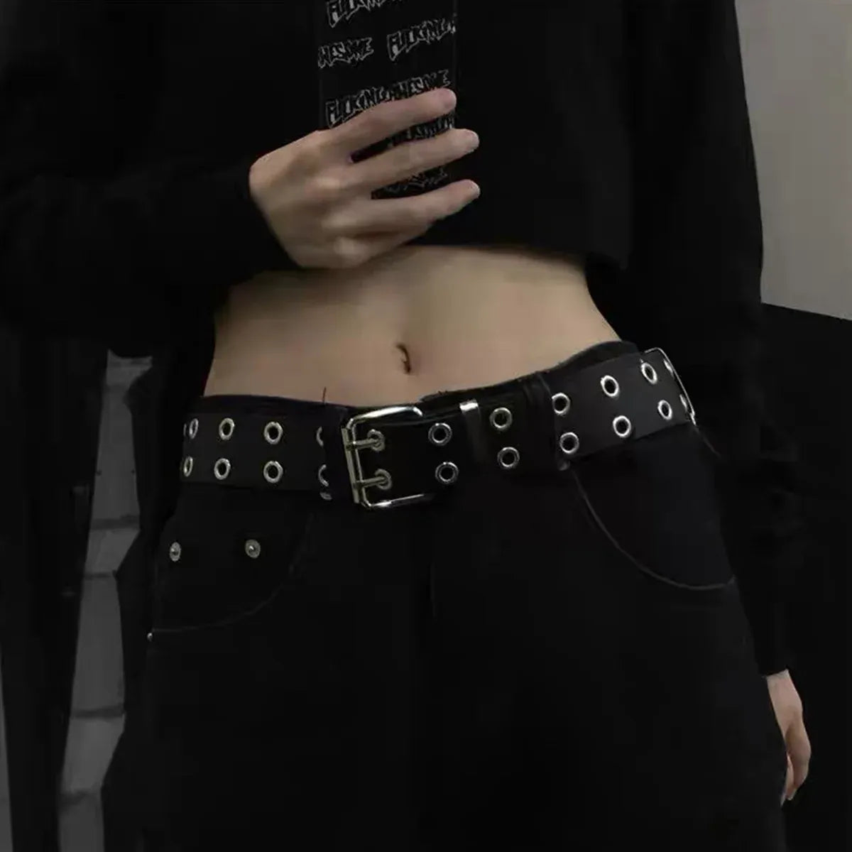 Double Grommet Holes Lether Belt 2-Row Studded For Women Men Punk Belts Use