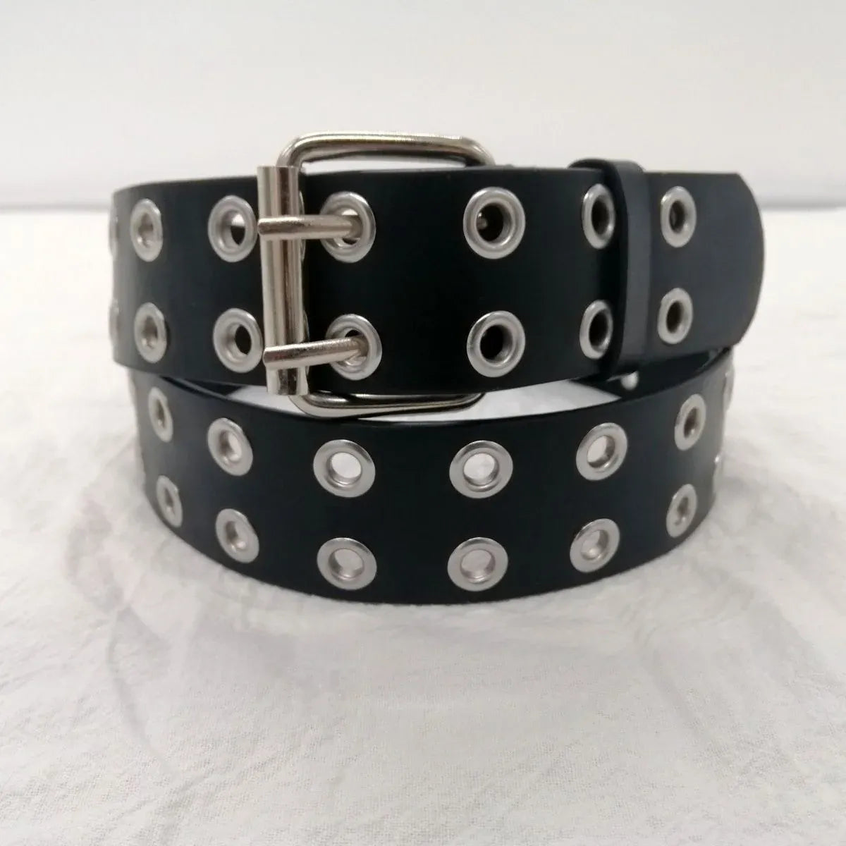 Double Grommet Holes Lether Belt 2-Row Studded For Women Men Punk Belts Use