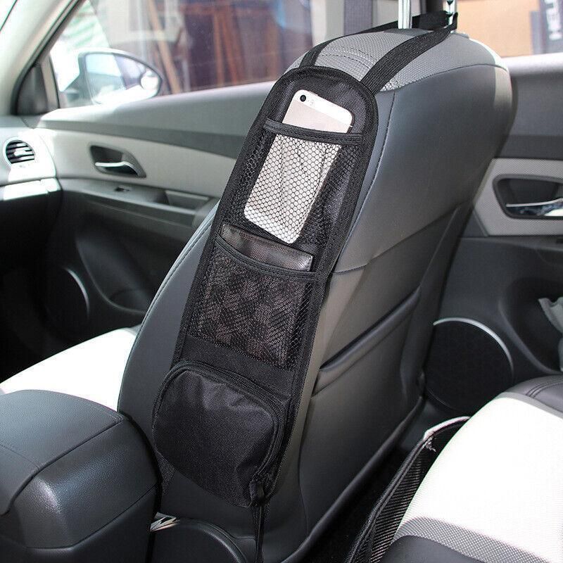 Black Vehicle Backrest Side Pocket Mesh Hanging Bag Organizer with Phone Holder