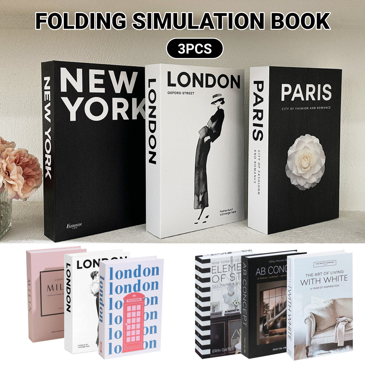 3 PCS Modern Decorative Books Set Foldable Fake Books for Display City Theme - A