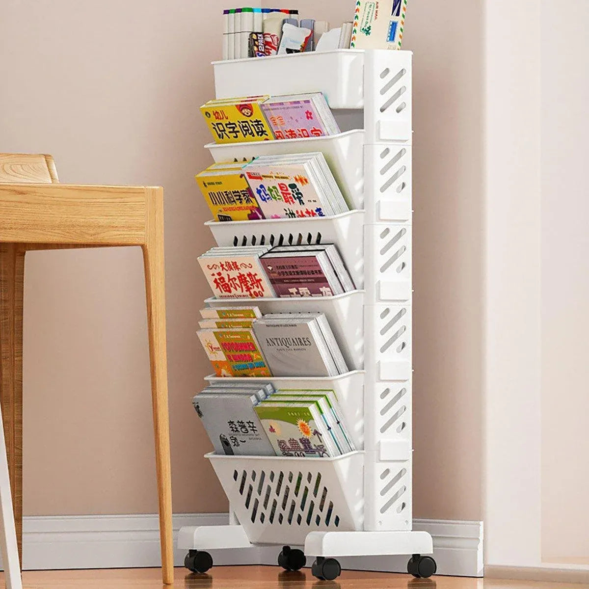 Six Tier Rolling Storage Cart Slim Magazine File Organiser White