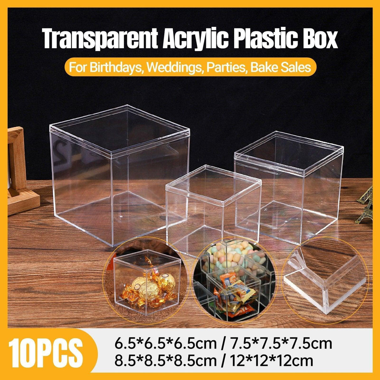 10pcs Clear Acrylic Plastic Boxes Square Storage Containers for Food Small Item - 10pcs-75-75-75