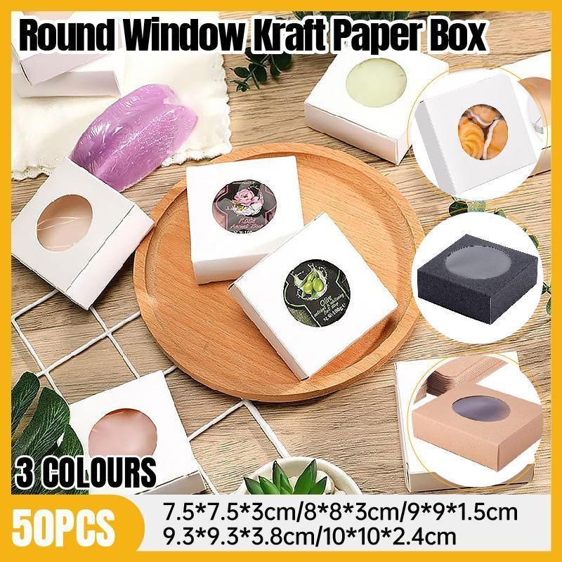 50PCS Handmade Soap Paper Box Round Window Kraft Black White Candy Biscuit Box - Black-50pcs 10*10*2.4CM