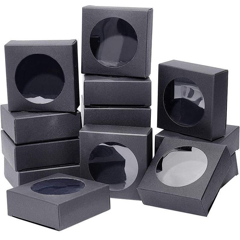 50PCS Handmade Soap Paper Box Round Window Kraft Black White Candy Biscuit Box - Black-50pcs 9*9*1.5CM