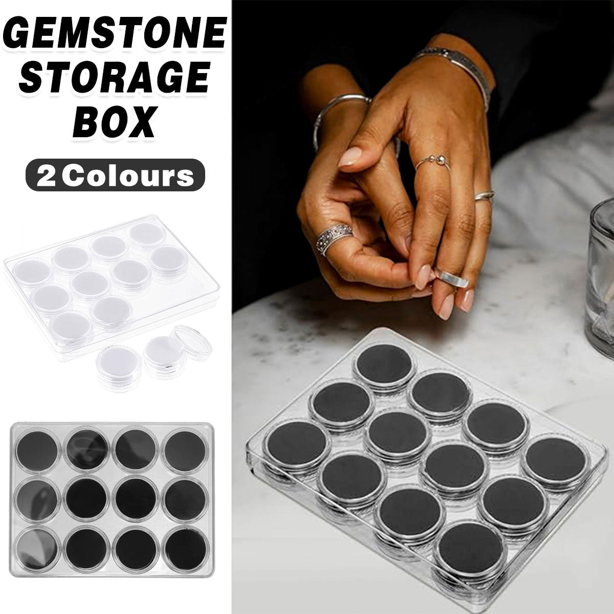 Transparent Round Gemstone Display Box Organizer Case with Lid Storage Packaging - Black