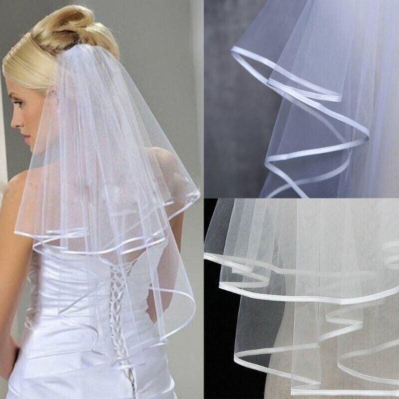Bridal 2 Layer Wedding Veil with Comb Satin Edge Short Tulle for Women White Ivory - Beige
