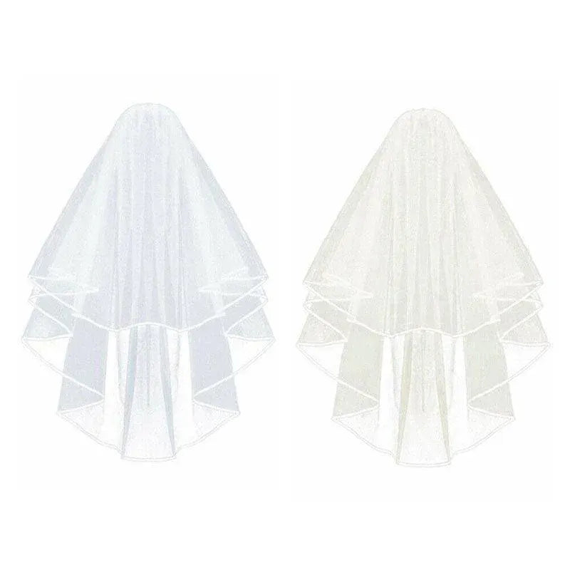 Bridal 2 Layer Wedding Veil with Comb Satin Edge Short Tulle for Women White Ivory - White
