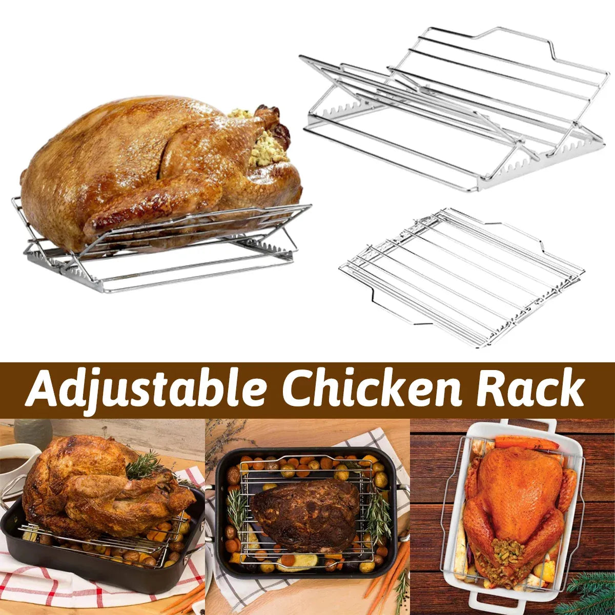 Stainless Steel Chicken Rack Foldable Adjustable Grill Stand For Oven Barbecue