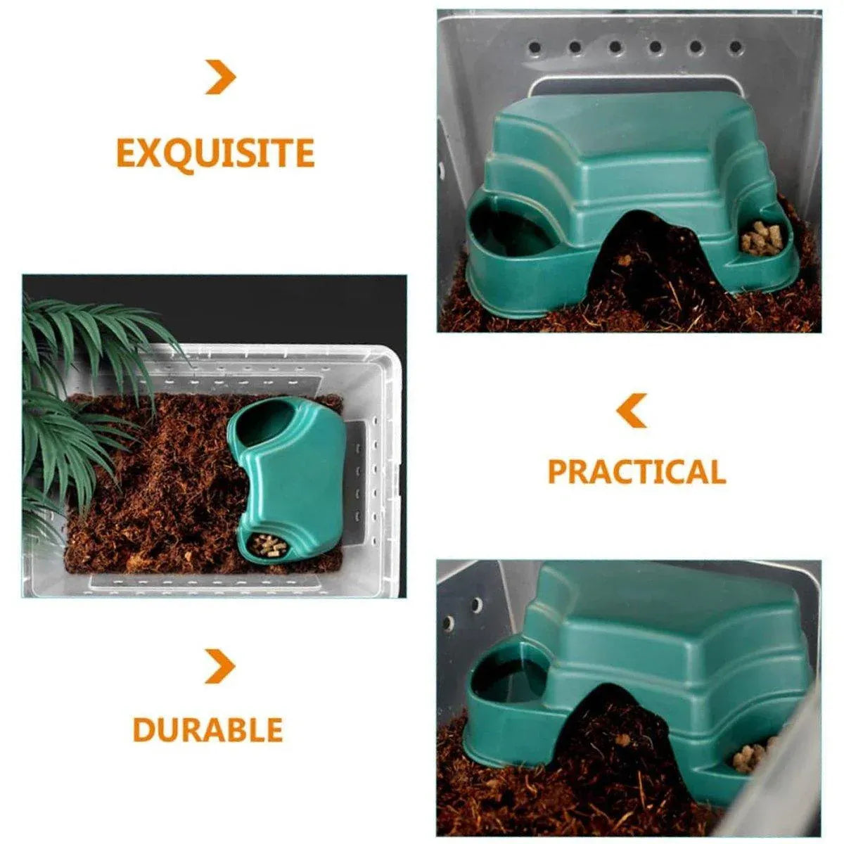 Plastic Reptile Hide Box Cave with Food Basin Easy Clean Snake Hiding Landscape - Black