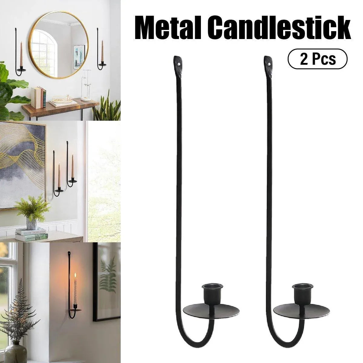 2PCS Black Metal Wall Mounted Iron Candlestick Holder L Shape Modern Home Decor