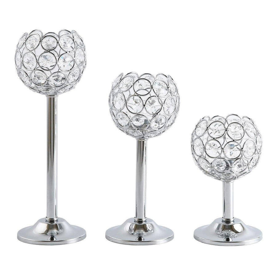 3PCS Crystal Candle Holders Metal Candlelight Wedding Home Dinner Decoration - Silver