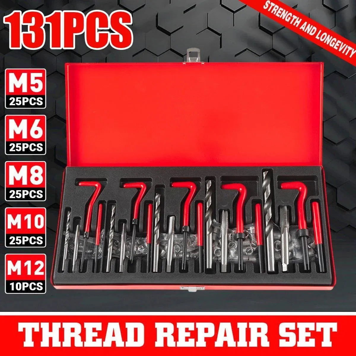 131PCS Thread Repair Kit M5 M6 M8 M10 M12 Helicoil Set with Drill and Tap Tools