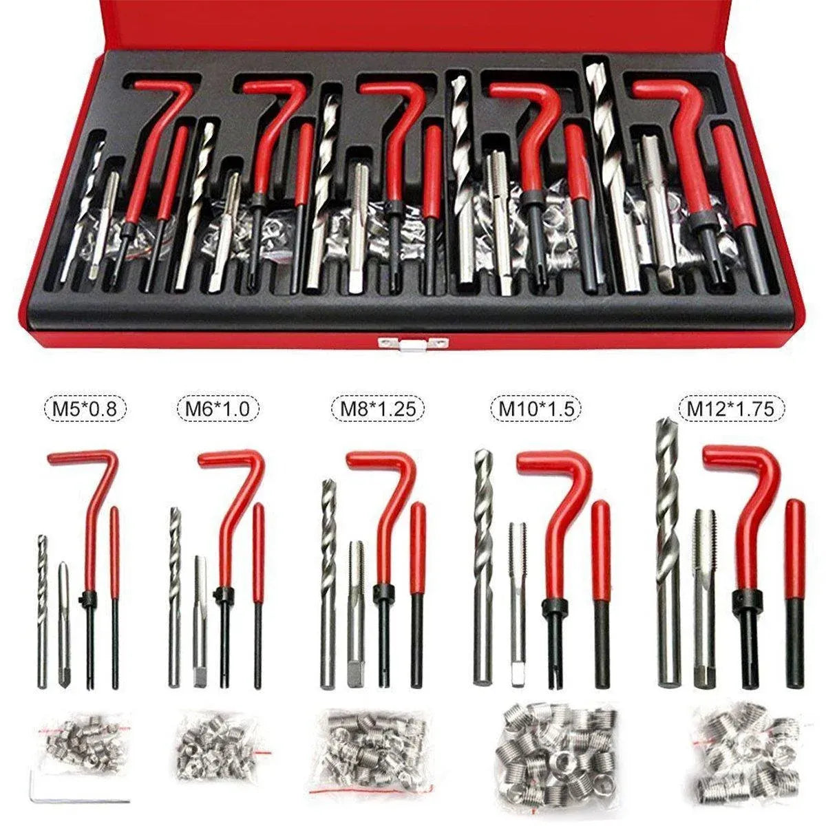 131PCS Thread Repair Kit M5 M6 M8 M10 M12 Helicoil Set with Drill and Tap Tools