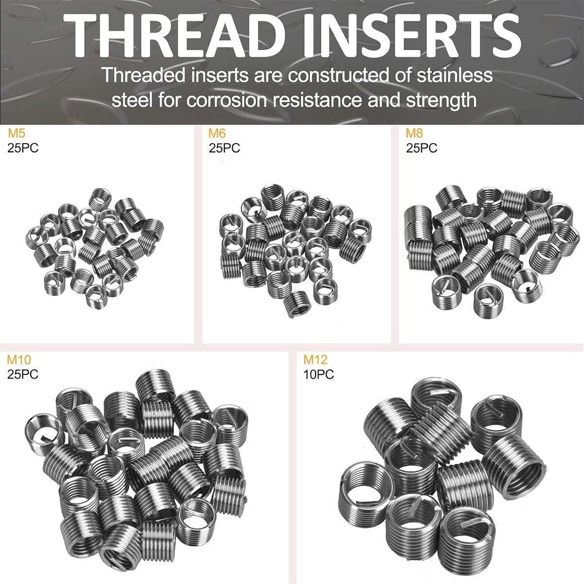 131PCS Thread Repair Kit M5 M6 M8 M10 M12 Helicoil Set with Drill and Tap Tools