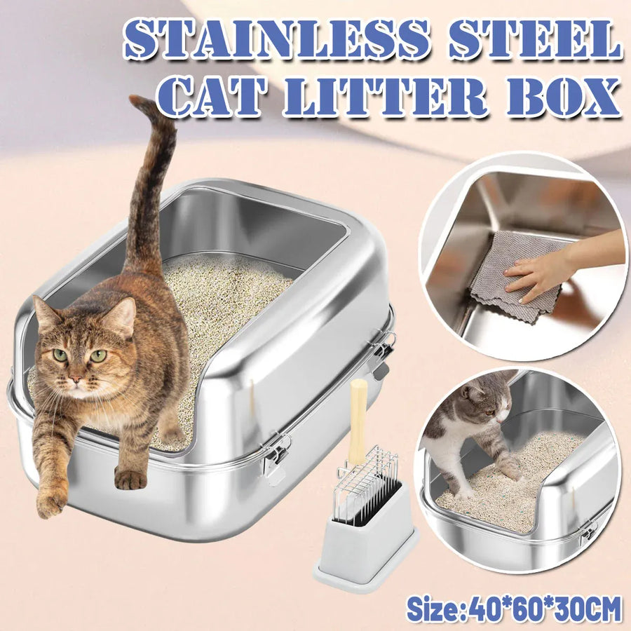 Cat Litter Box Open Design Stainless Steel Large Easy Clean Pet Toilet Tray