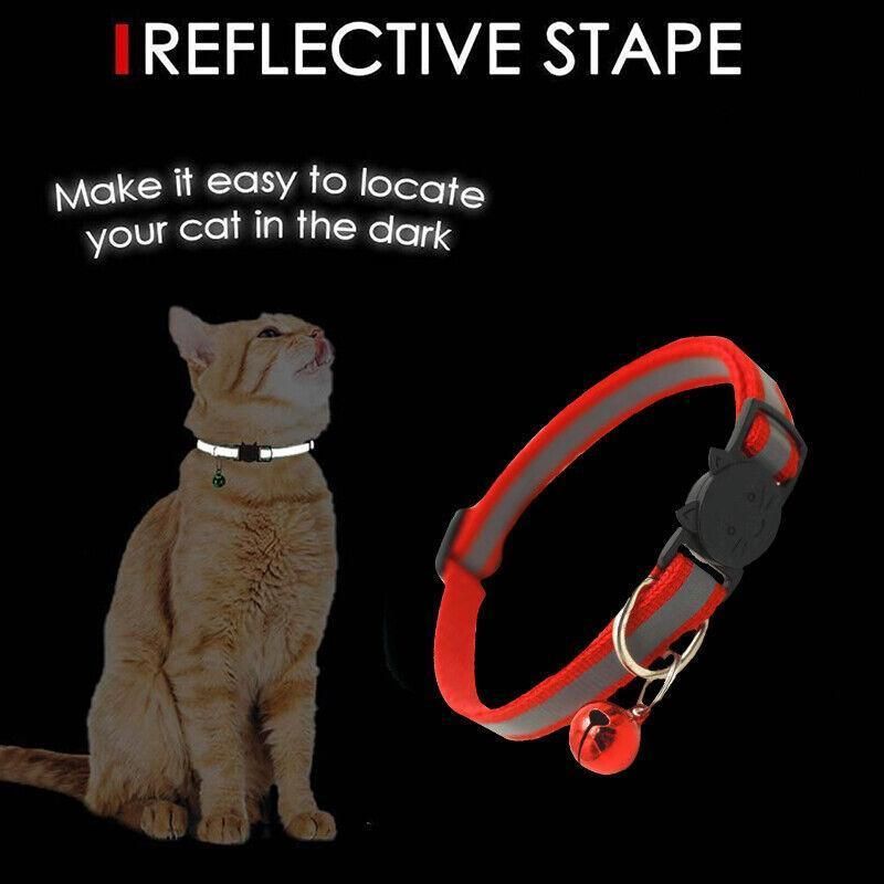 Reflective Cat Collar with Breakaway Buckle and Bell Adjustable for Small Pet Use - Rose Red