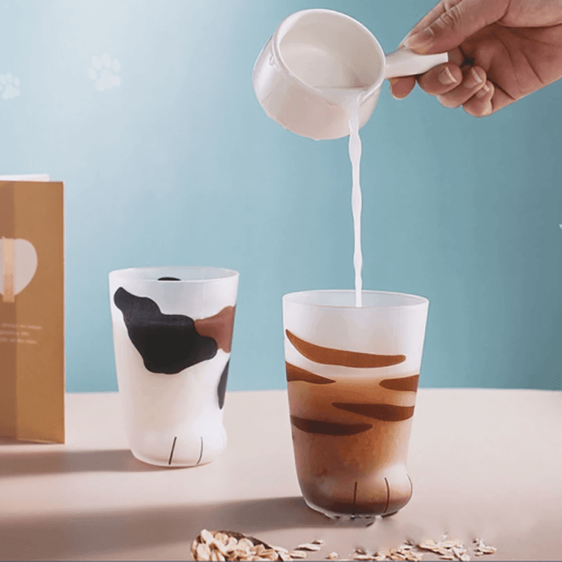 Pair 3 Cat Paw Frosted Calico Cups Glass Milk Cute Gift Tumbler Claw Foot Cute