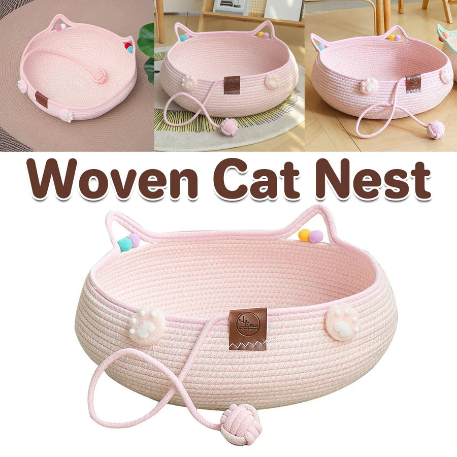 Woven Rattan Cat Bed Nest with Scratching Surface Washable Durable All Season