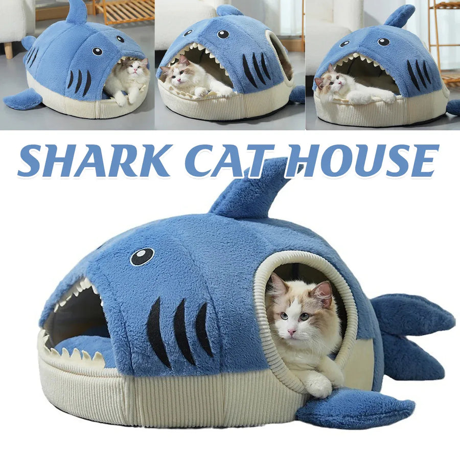 Pet Bed Shark Shape Soft Warm Cave Nest Cat Dog Indoor Winter Sleeping House