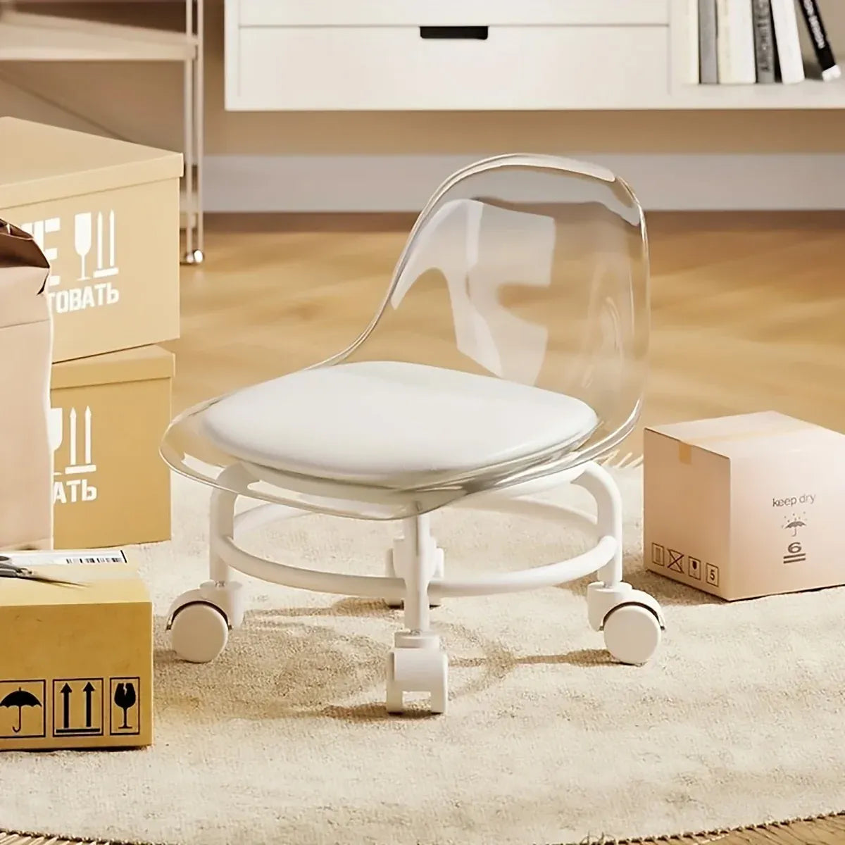 Stool with Universal Wheels Pulley Short Stool with Backrest Comfortable Seat - White