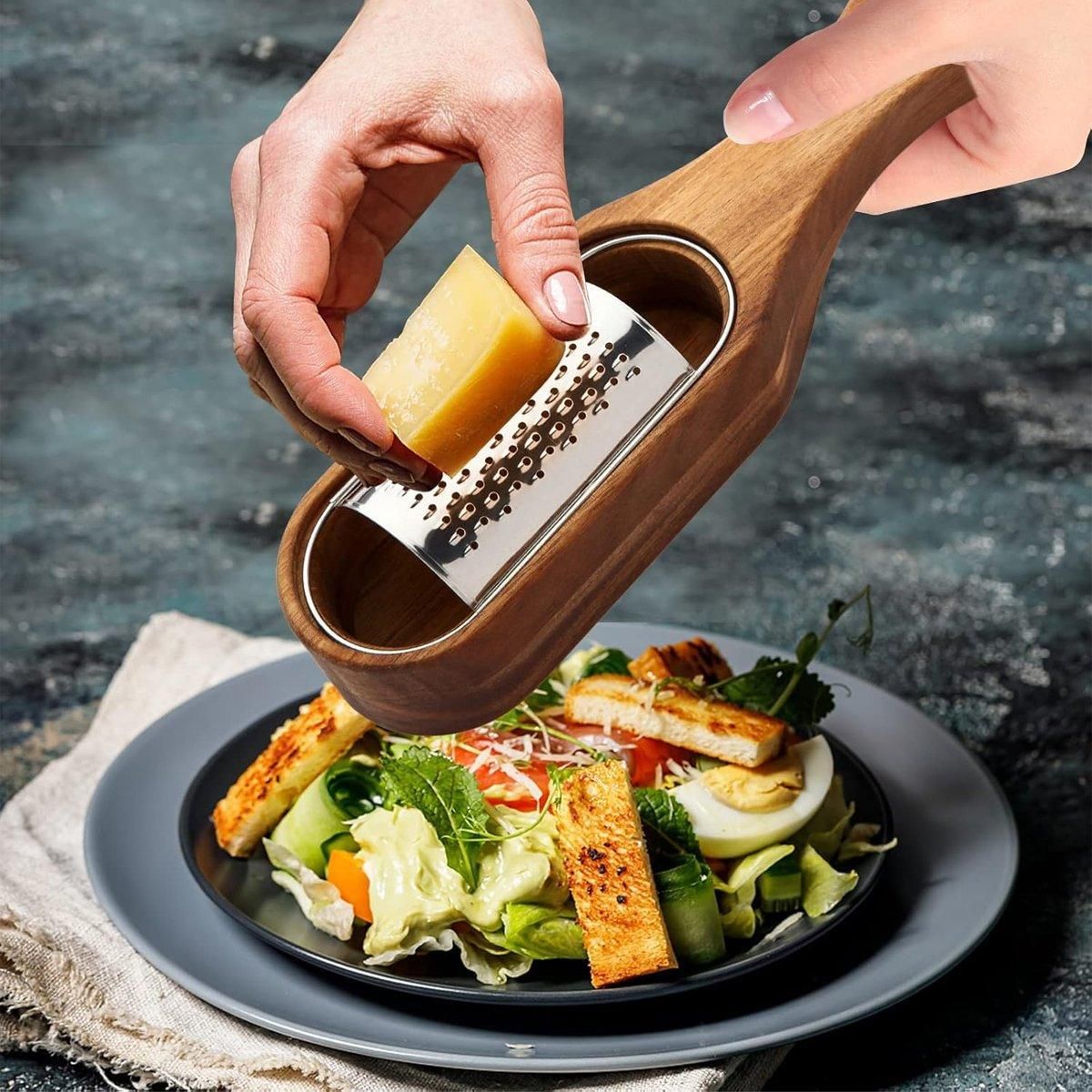 Premium Stainless Steel Cheese Grater with Acacia Wood Handle Scraper Planer