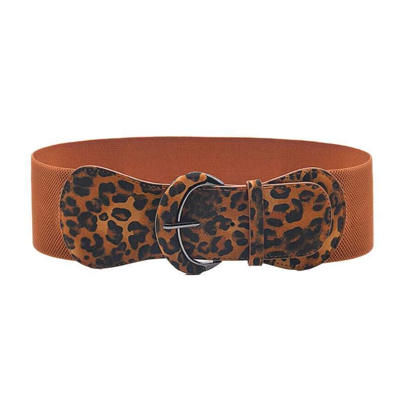 Faux Leather Cinch Waist Belt with Buckle for Women Stretch Wide Elastic Dress Belt - Leopard
