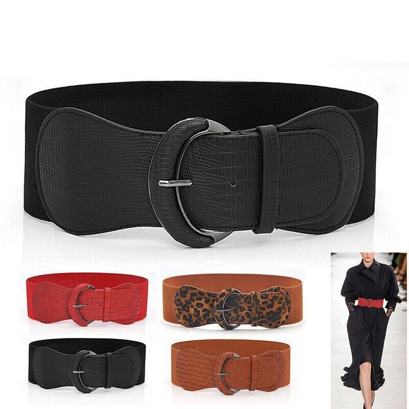 Faux Leather Cinch Waist Belt with Buckle for Women Stretch Wide Elastic Dress Belt - Leopard