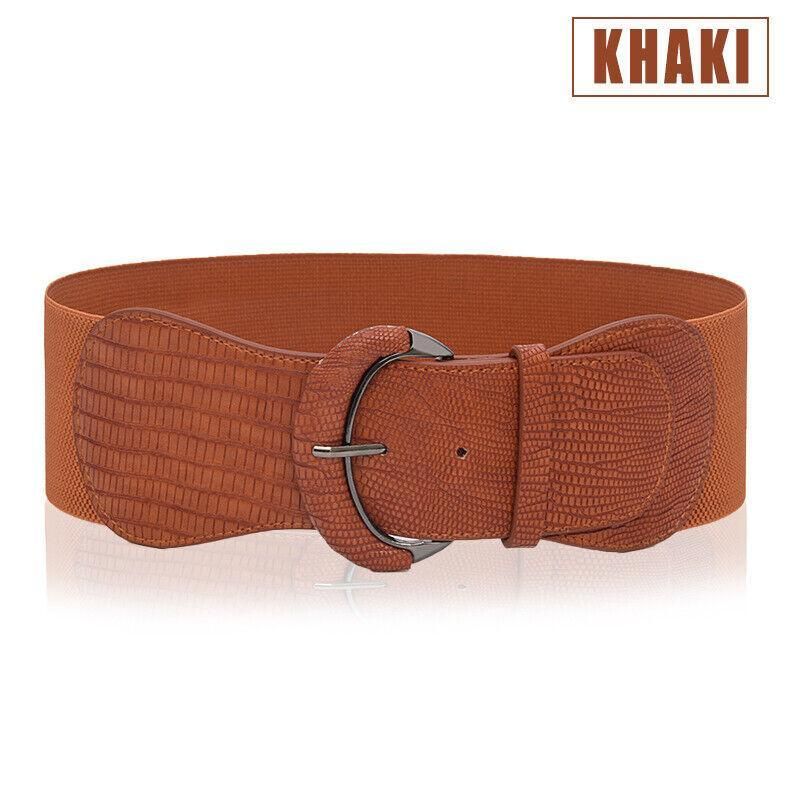 Faux Leather Cinch Waist Belt with Buckle for Women Stretch Wide Elastic Dress Belt - Leopard