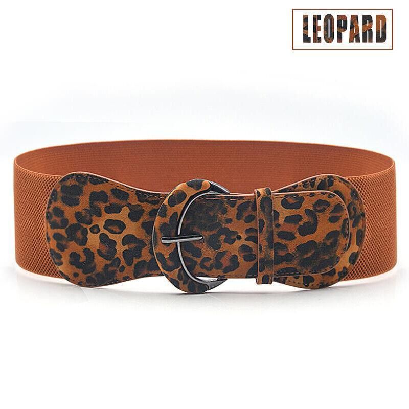 Faux Leather Cinch Waist Belt with Buckle for Women Stretch Wide Elastic Dress Belt - Leopard