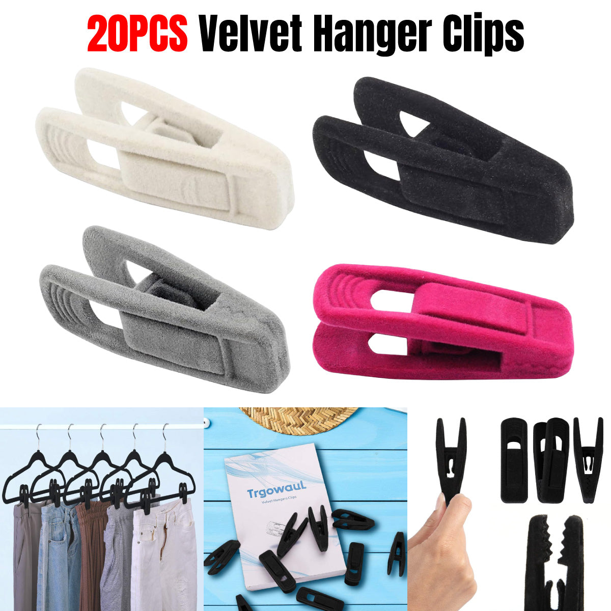 Clothes Drying Clips 20 Pack Velvet Flocking Trouser Pegs Hanger Grip Clamp Set - Rose Red
