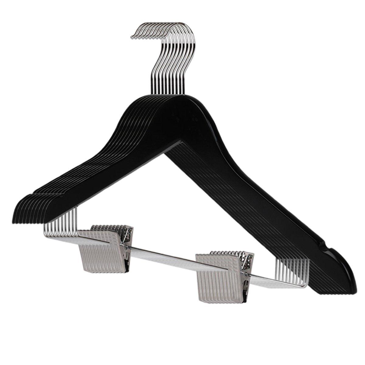 10 Pcs Wooden Non-Slip Wide Shoulder Clothes Hanger with Clip for Hotel Wardrobe - Wood