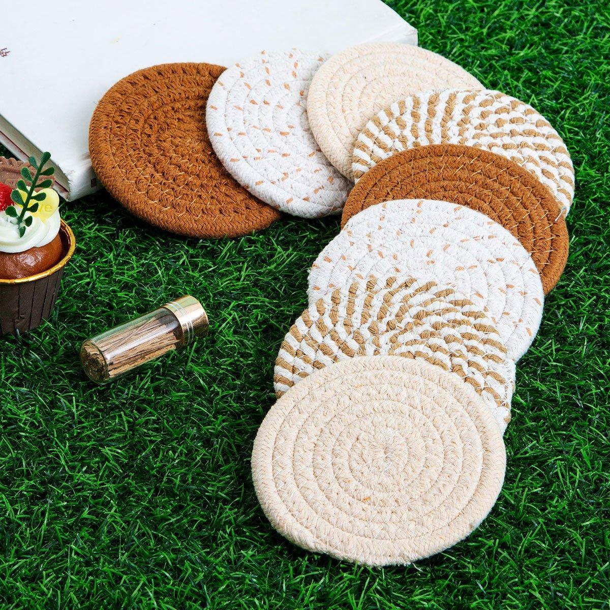 8PCS Round Cotton Woven Coaster Heat Resistant Thick Insulation Dining Table Mat - Brown