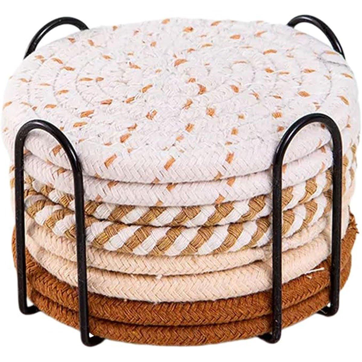 8PCS Round Cotton Woven Coaster Heat Resistant Thick Insulation Dining Table Mat - Brown