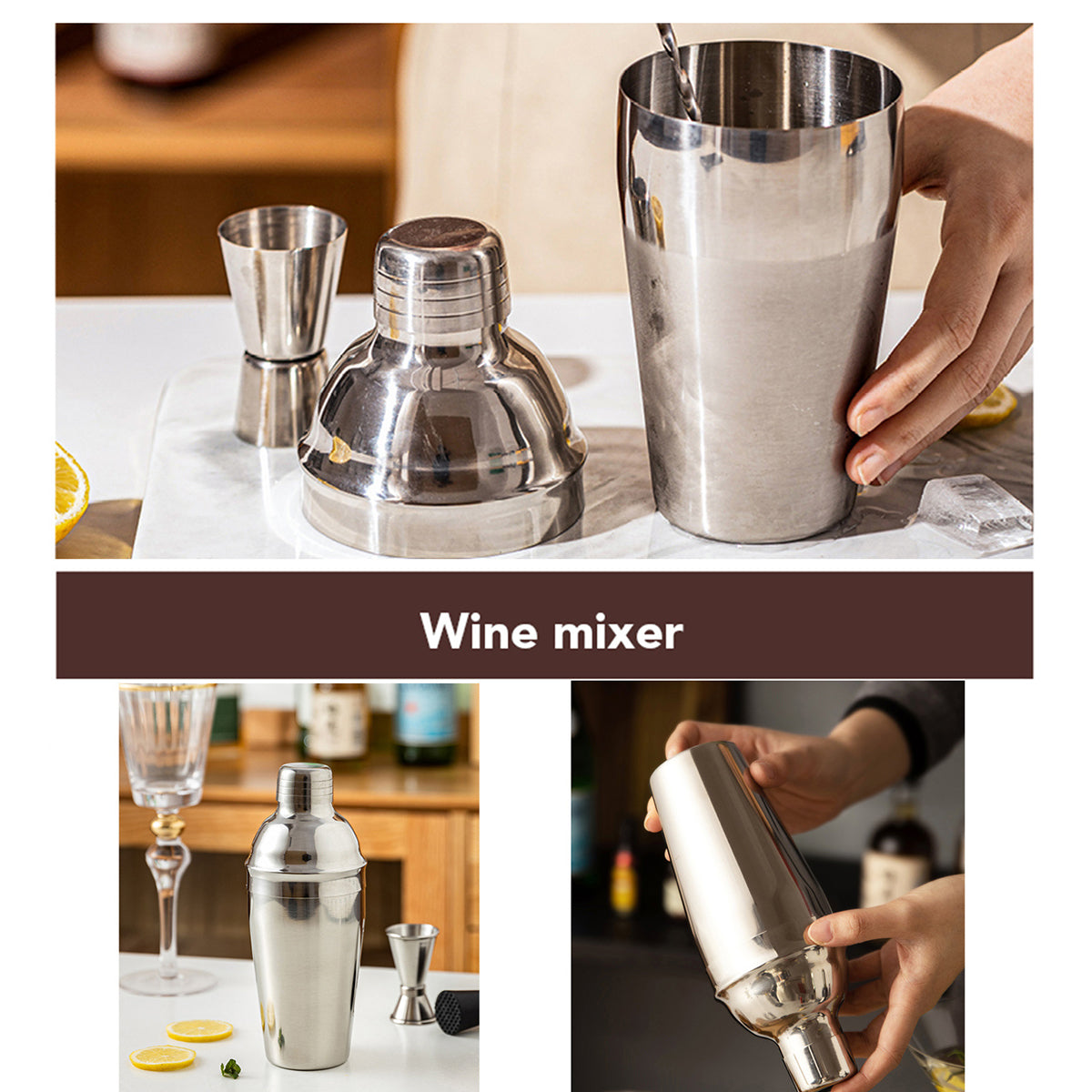 Cocktail Shaker Set Bar Tools Stainless Steel Mixing Glasses Drink Shaker Cups - Black