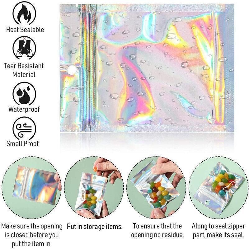 100/200X Iridescent Zip Bags for Food Storage & Holographic Makeup Pouch - 7*10cm 200PCS