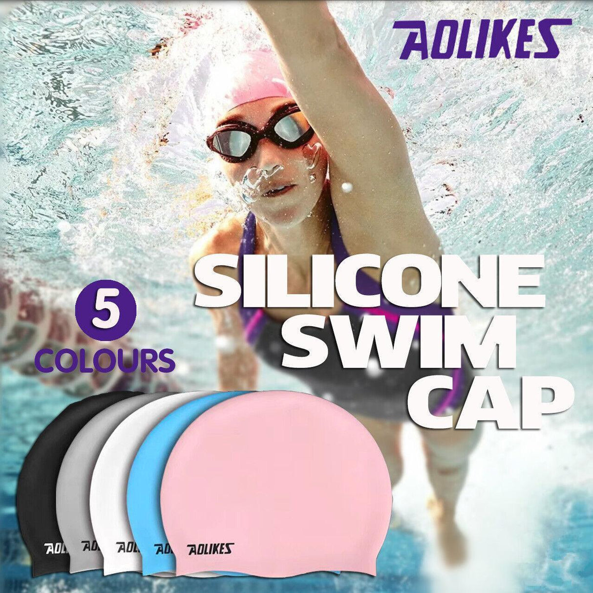 Aolikes Silicone Swimming Cap Waterproof Unisex Swim Hat for Men and Women - Blue