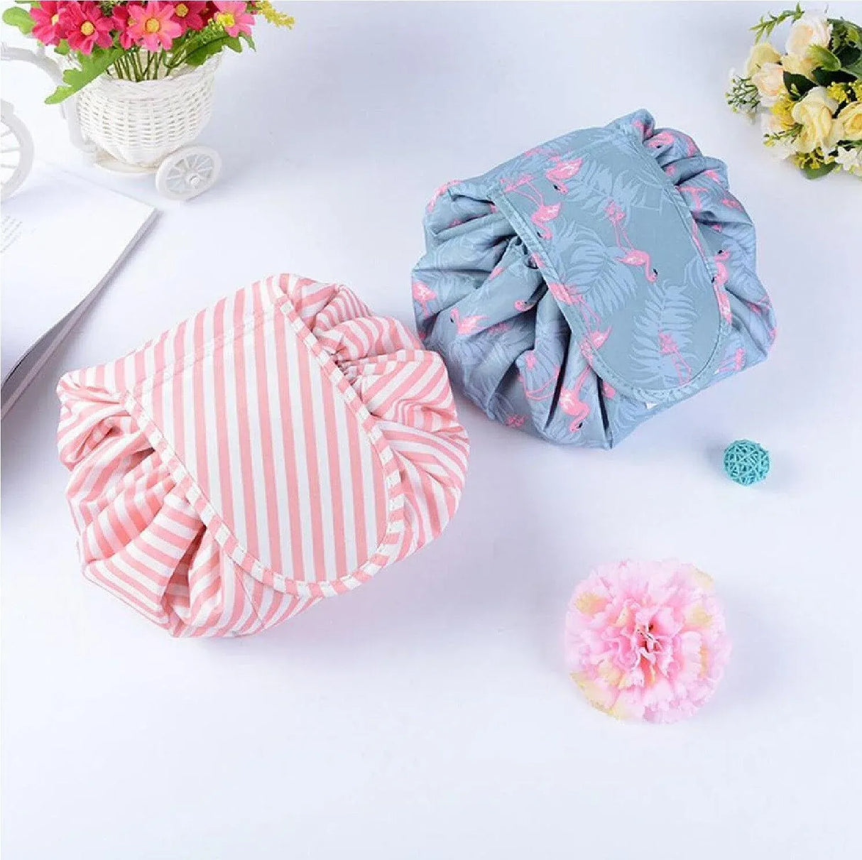 Portable Travel Makeup Bag Drawstring Cosmetic Pouch Lazy Storage Organiser Case - Blue White Feather