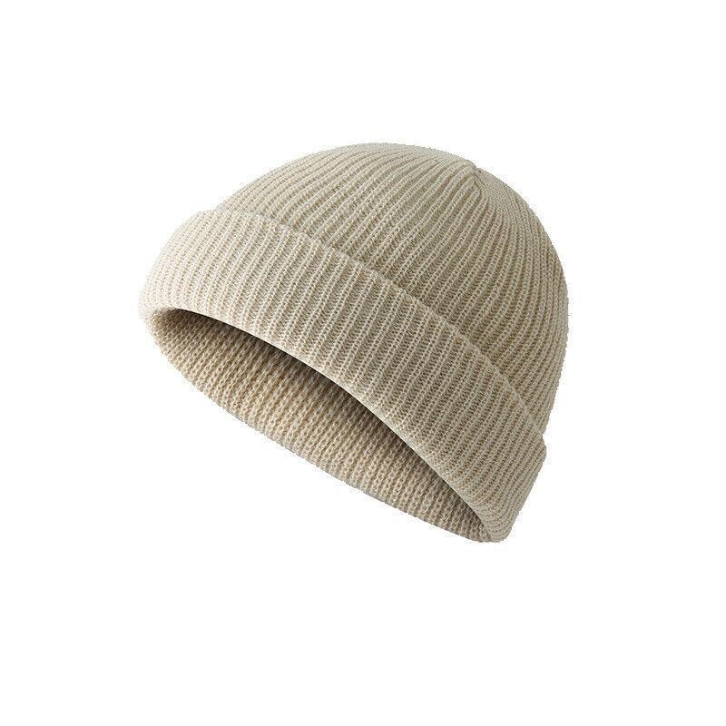 Men Women Mini Fisherman Beanie Winter Spring Hat Soft Knitted Docker Skull Cap - Khaki