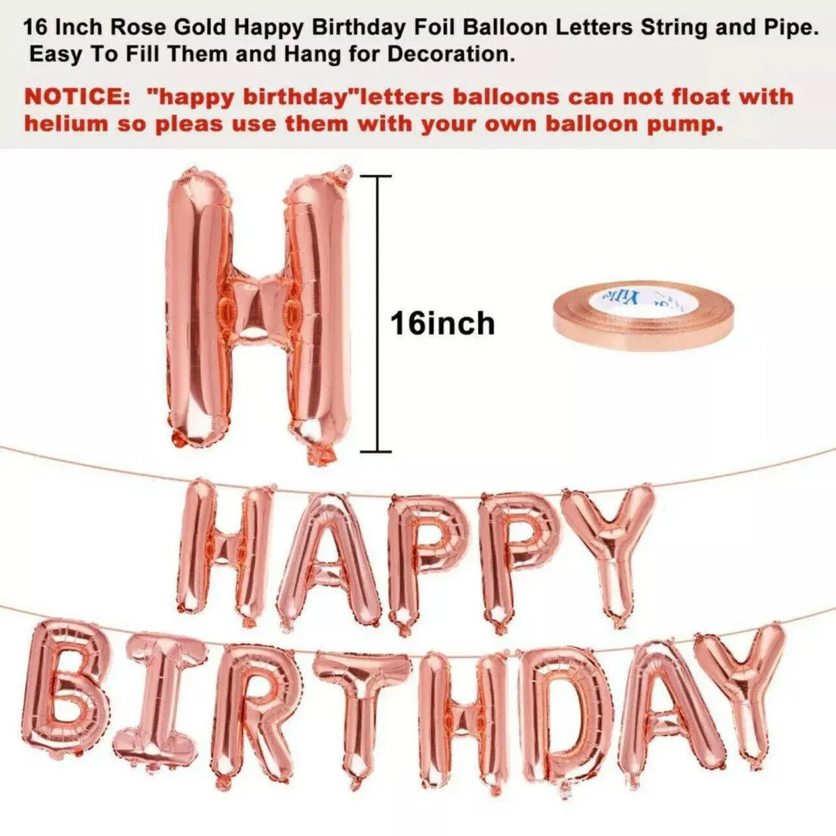 40Cm 3D Happy Birthday Letters Balloons Inflating Foil Banner Bunting Celebrate - Pink
