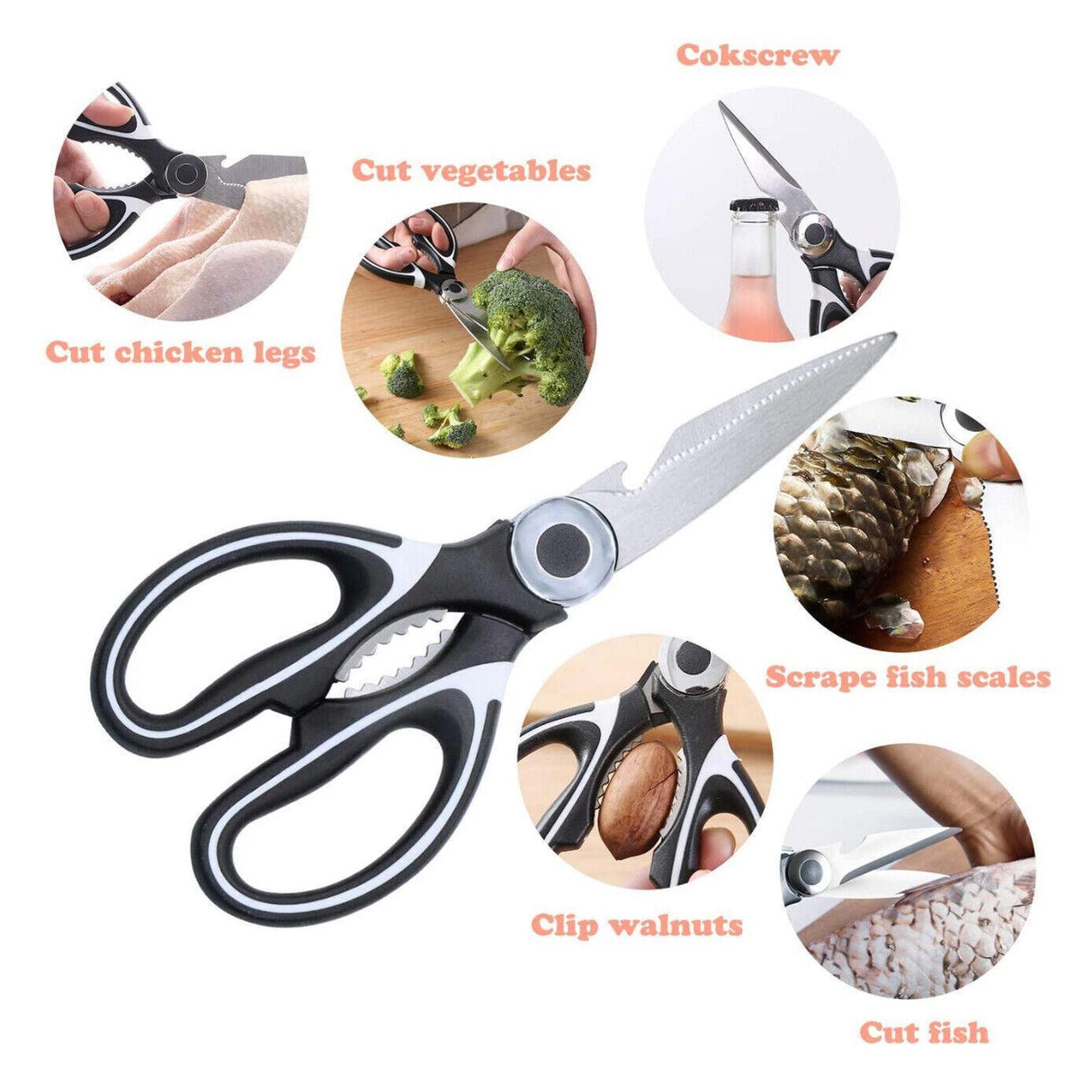 Heavy Duty Kitchen Scissors Multi Purpose Stainless Steel Chicken Bone Cutter - Red