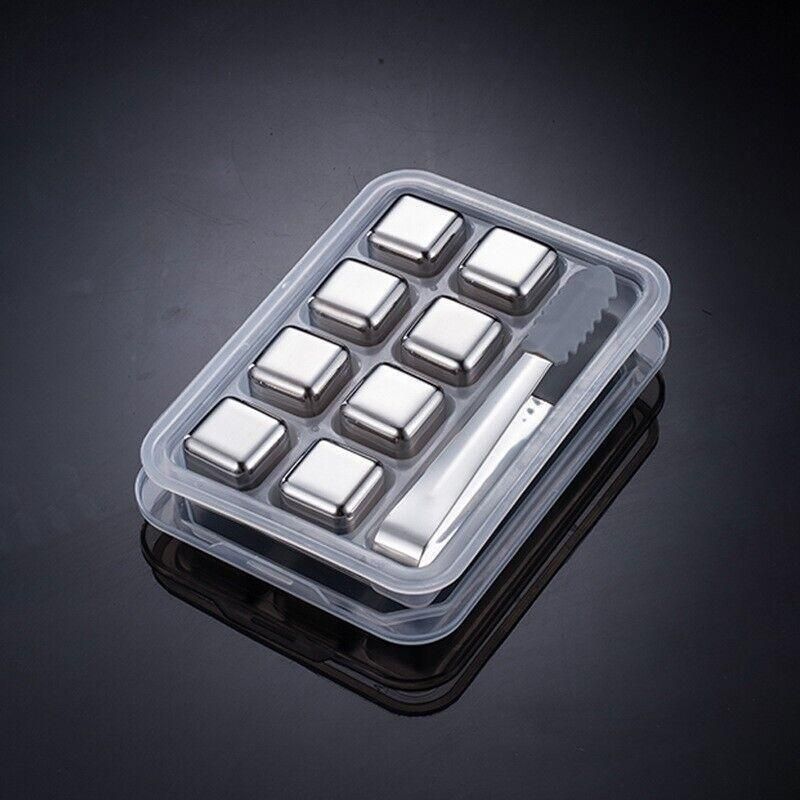 Stainless Steel Whiskey Stones X 8 Ice Cubes With Tong Reusable Cooling Ice Cube