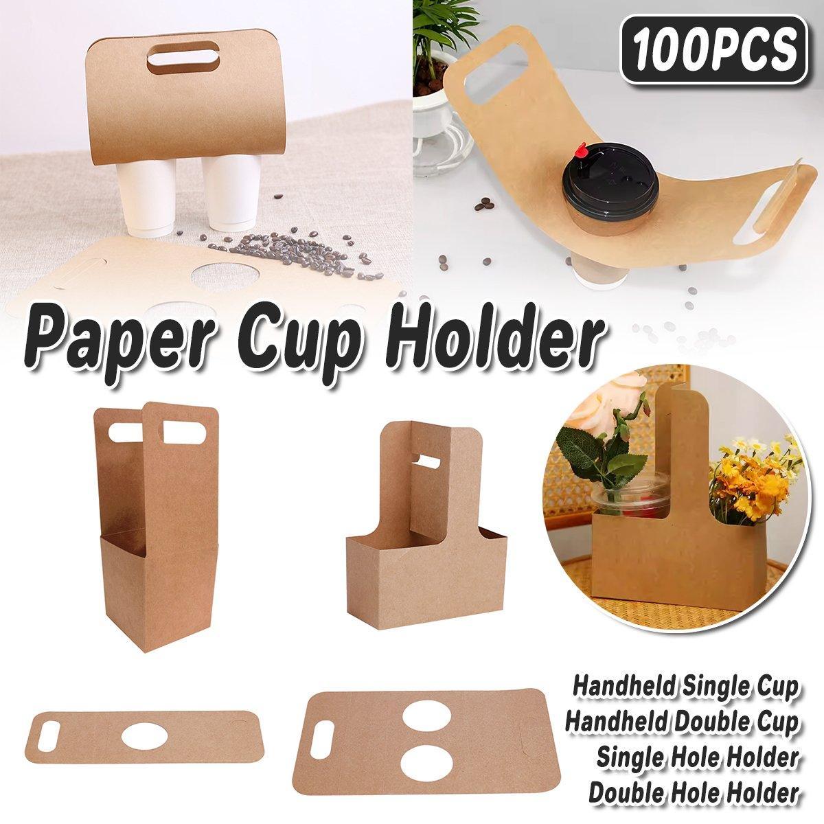 100pcs Kraft Paper Cup Holder Portable Coffee Drink Carrier Reusable Storage - Handheld Single Cup